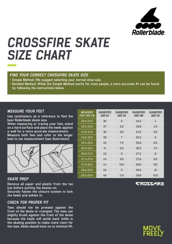 Rollerblade Crossfire rozmiarówka
