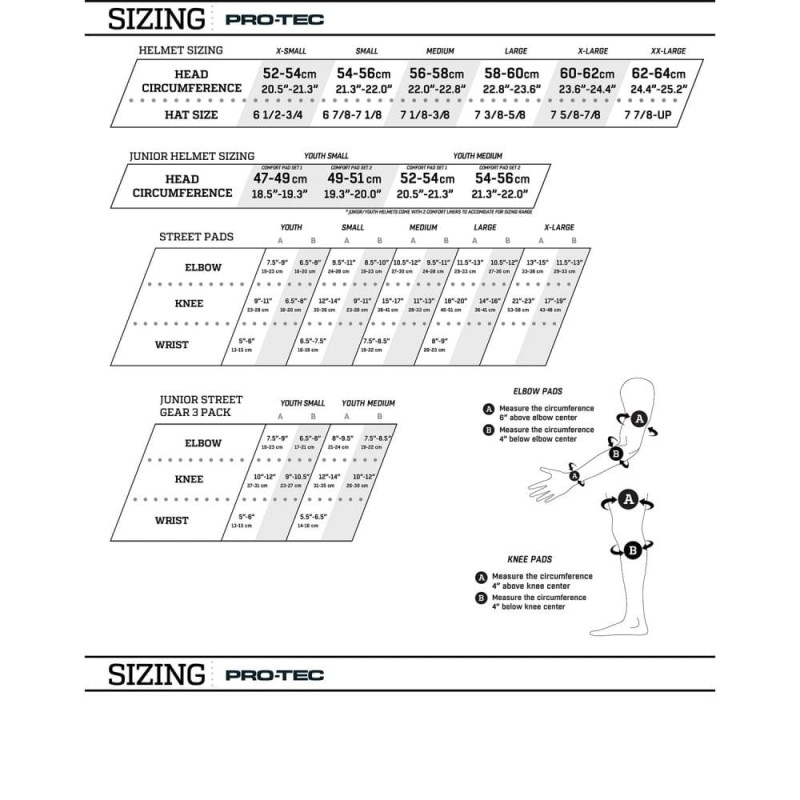 Ochraniacze Pro-Tec tabela rozmiarów