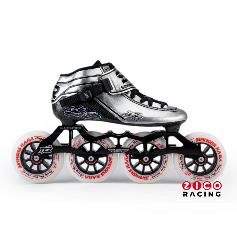 Rolki marki Simmons Rana Racing model TEZ w kolorze srebrno czarnym w konfiguracji 4x100mm