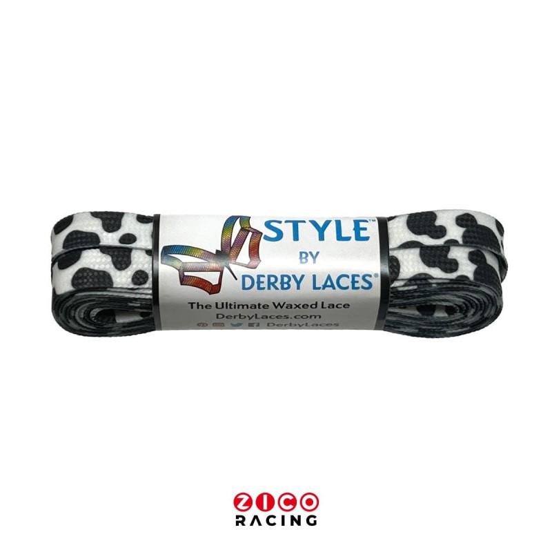 Sznurowadła woskowane marki Derby Laces w czarno białym wzorze łat krowy