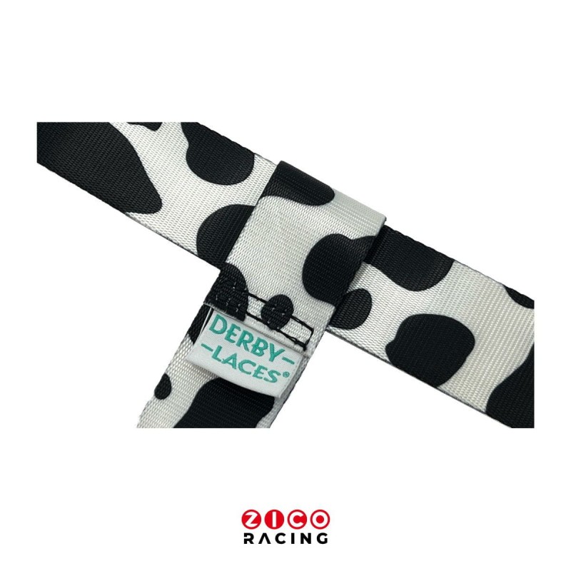 Smycz - nosidełko do wrotek - taśma we wzorze łat krowy - widok mocowania i szycia