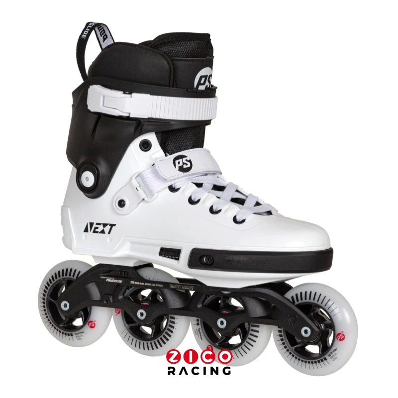 Rolki marki Powerslide model NEXT 90 Black White widok z boku pod kątem