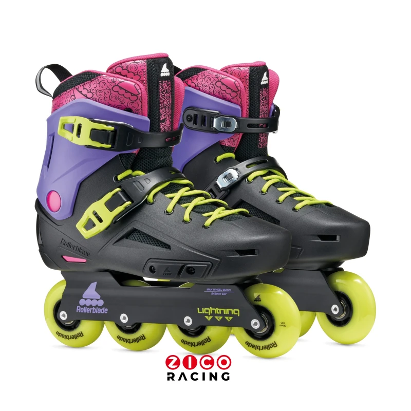 Rolki marki Rollerblade model Lightning TRS - widok pary rolek z boku pod kątem