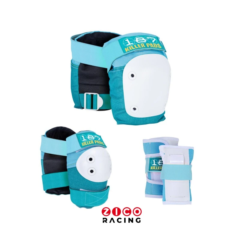 Ochraniacze marki 187 Killer Pads model Six Pack Combo Junior w kolorze teal - widok wszystkich ochraniaczy na kolana łokcie i nadgarstki