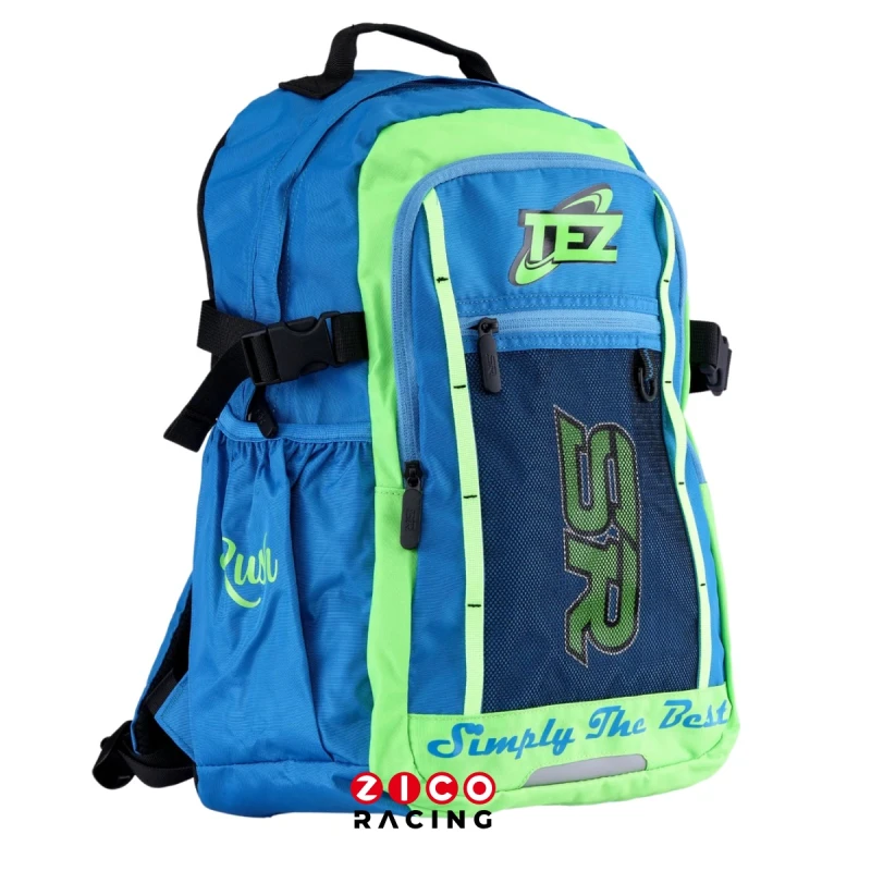 Plecak marki Simmons Rana Racing model TEZ w kolorze niebiesko zielonym fluo widok z boku pod kątem