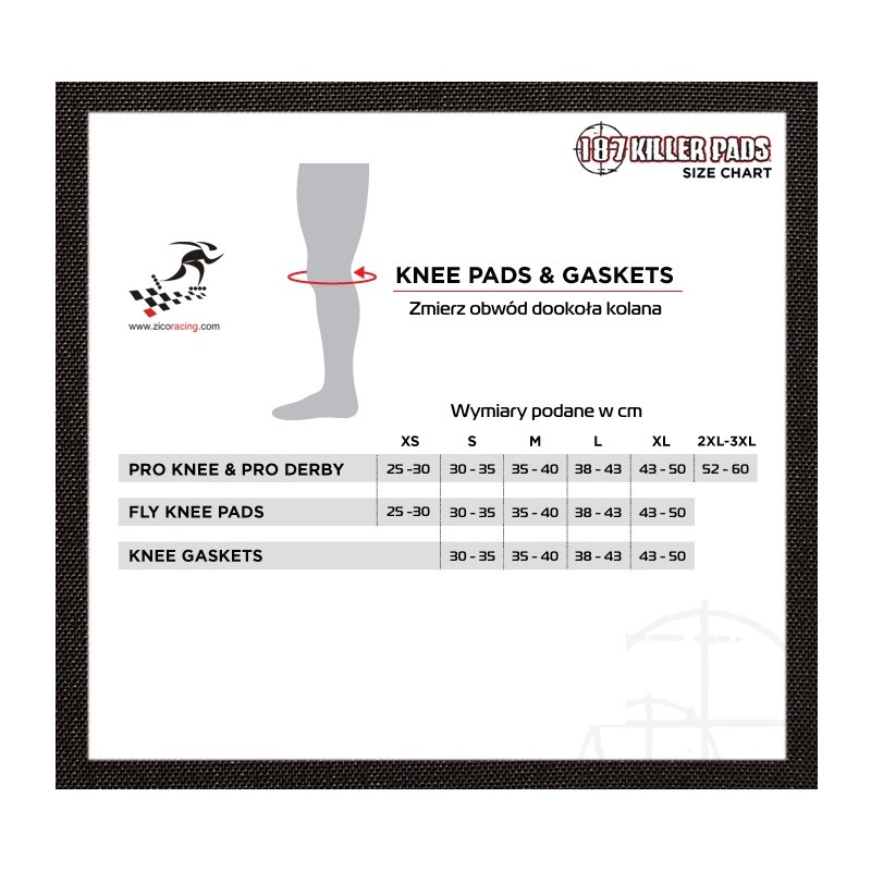 187 Fly Knee tabela rozmiarów.